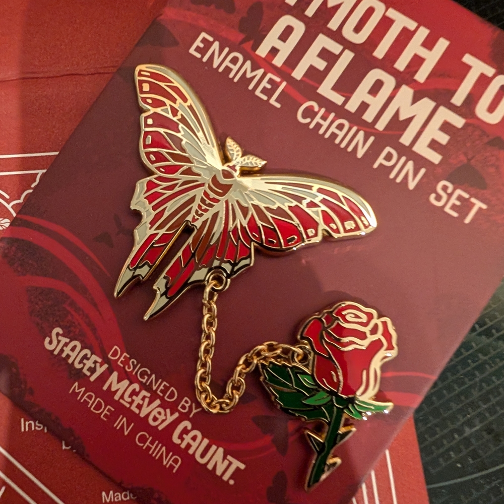Moth and Rose Enamel Chain Pin Set